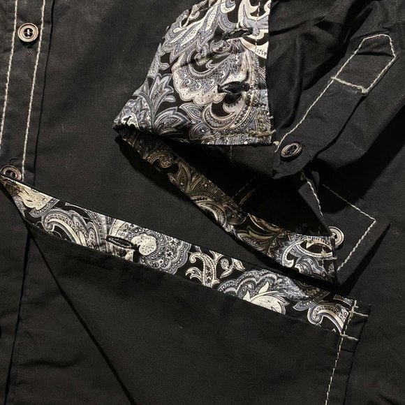 Franky Max Men’s Embroidered w/ Paisley trims Long Sleeve Shirt Size M Black - Picture 4 of 9